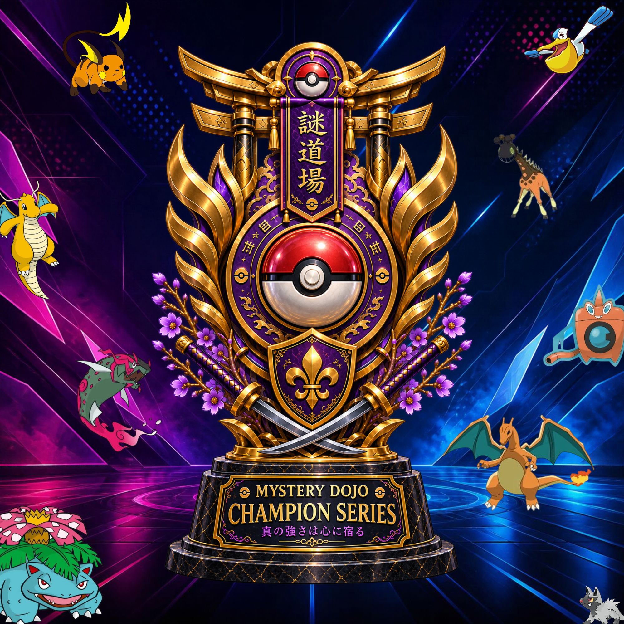 A trophy, ornate with gold and purple accents, featuring a Poké Ball emblem and Japanese-inspired design elements, for the "Mystery Dojo Champion Series" surrounded by various Pokémon characters.
